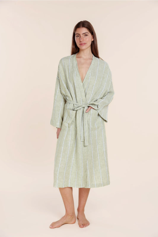 Woman wearing Gingerlilly Sleepwear olive stripe cotton robe, natural fabric, front view