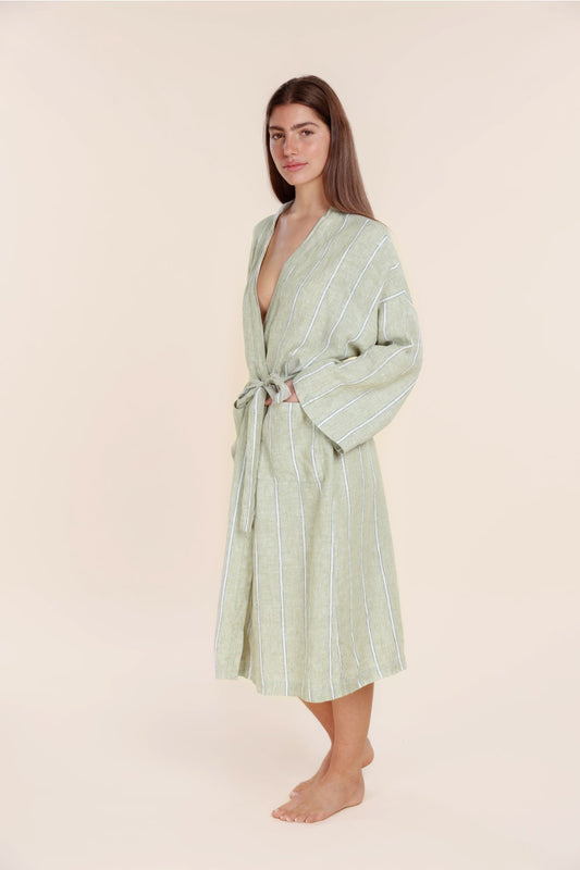 Woman wearing Olive Stripe long cotton robe from Gingerlilly Sleepwear, standing barefoot