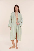 Gingerlilly Rosalind Linen Robe - Olive Stripe - Front alt