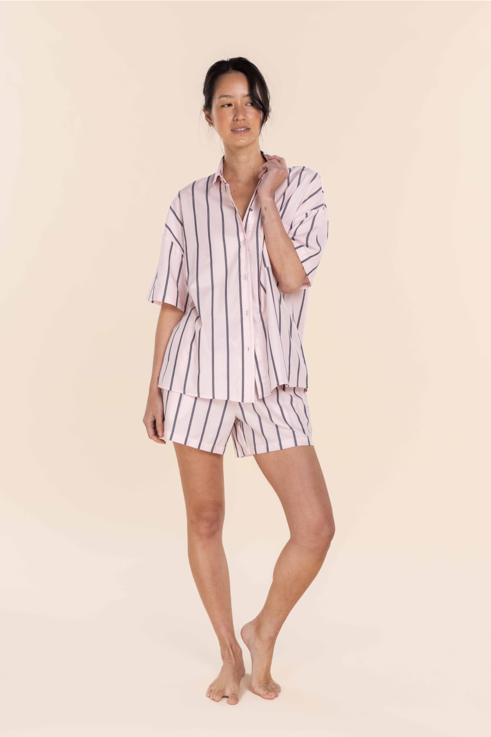 Gingerlilly Sasha Striped Boyfriend Short PJ Set - Pink - Front