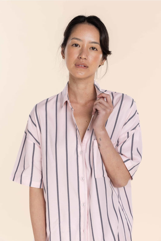 Gingerlilly Sasha Striped Boyfriend Short PJ Set - Pink - Front alt