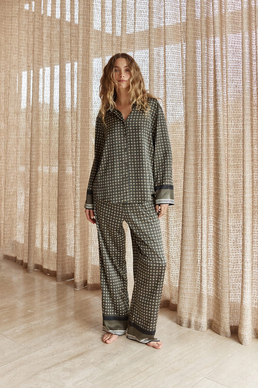 Gingerlilly Scarlett Printed Silky Satin PJ Set - Olive - Lifestyle