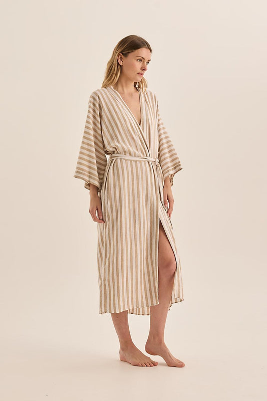 Sunny Natural Stripe Linen Robe - Gingerlilly Sleepwear
