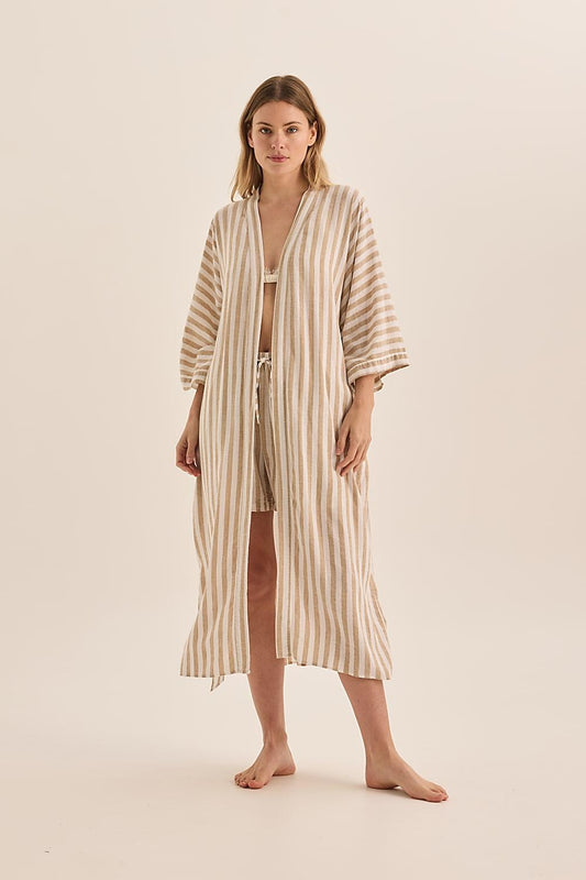 Sunny Natural Stripe Linen Robe - Gingerlilly Sleepwear