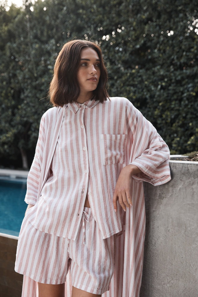 Sunny Pink Stripe Linen Robe - Gingerlilly Sleepwear
