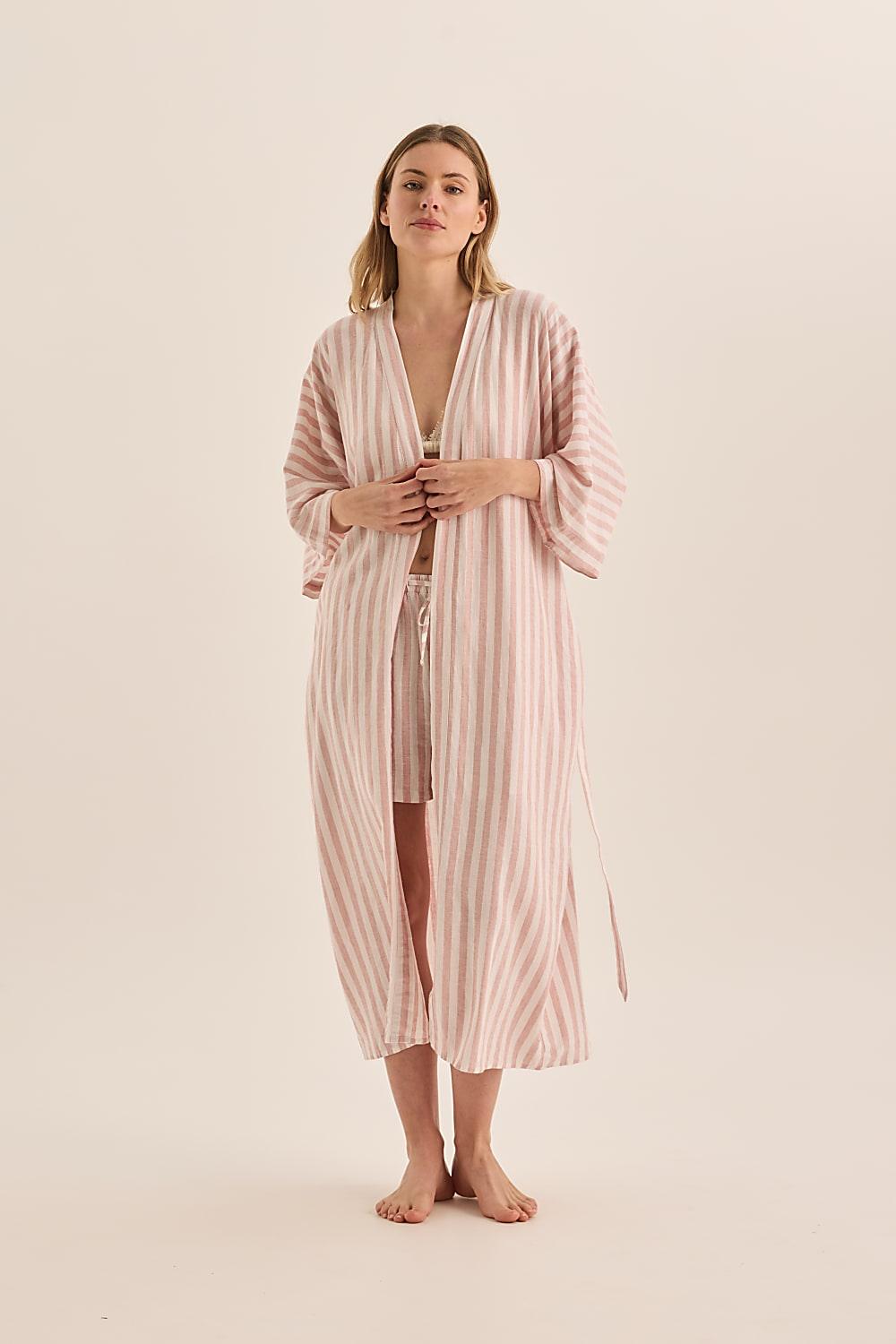 Sunny Pink Stripe Linen Robe - Gingerlilly Sleepwear