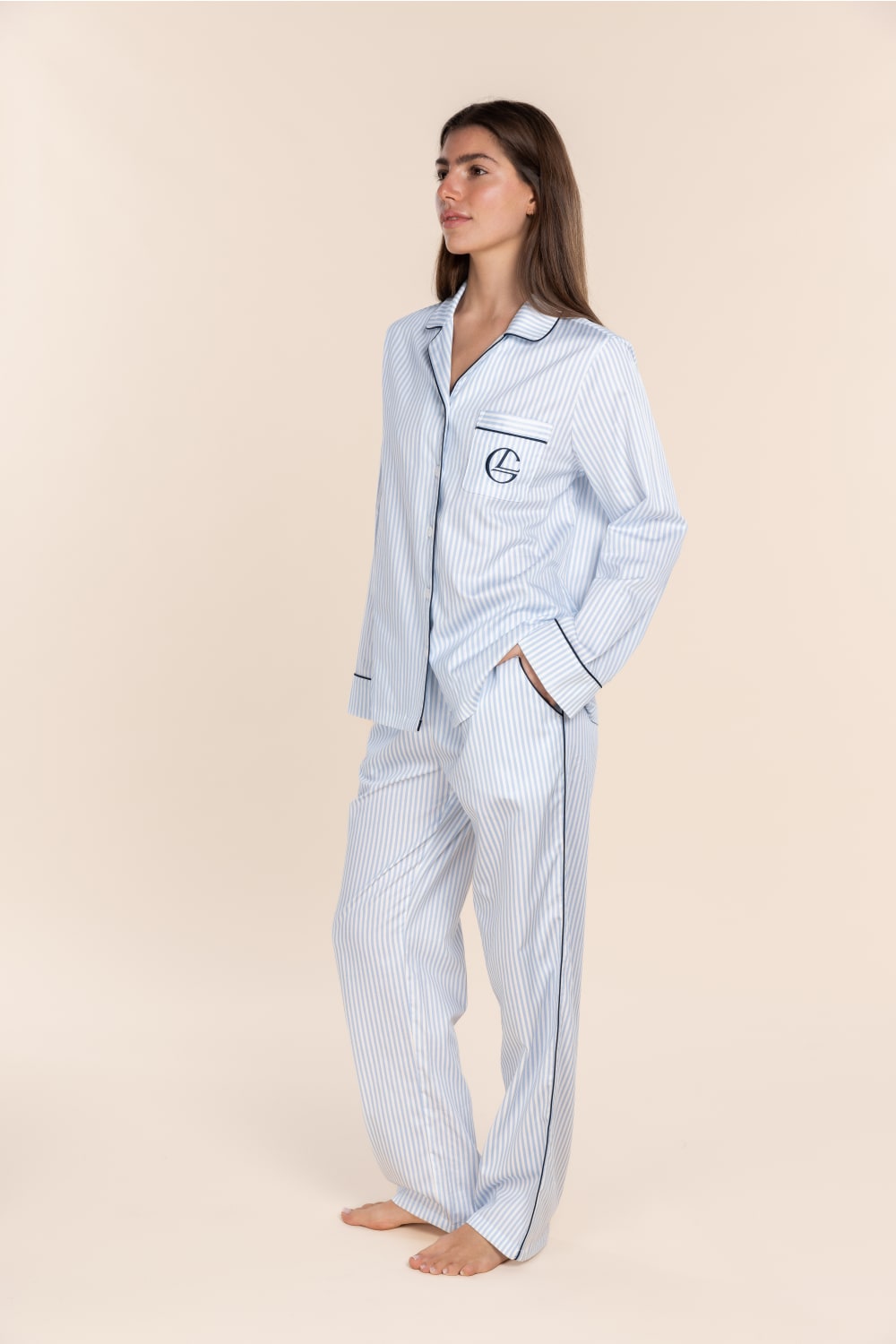 Gingerlilly Susanna Cotton Long PJ Set - Blue Stripe - Side