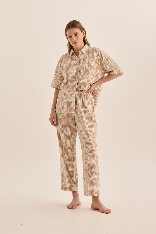 Telisha Natural Geo Cotton PJ Set - Gingerlilly Sleepwear